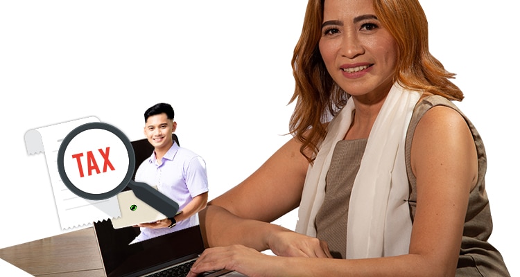 woman showing her laptop screen that shows a man next to the word tax 