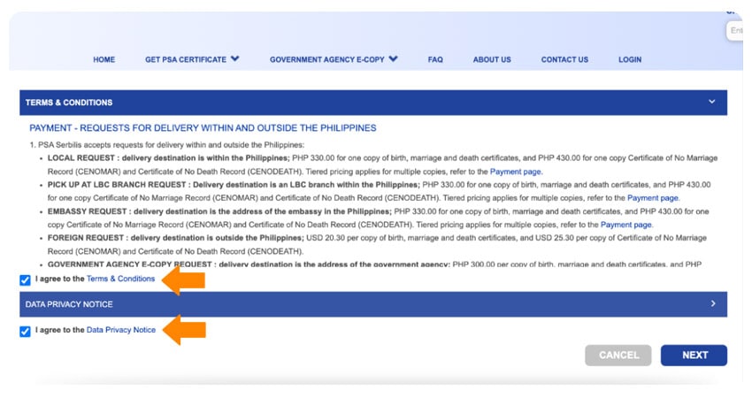 Step 2 – Agree to the Terms and Conditions, PSA digital certificate