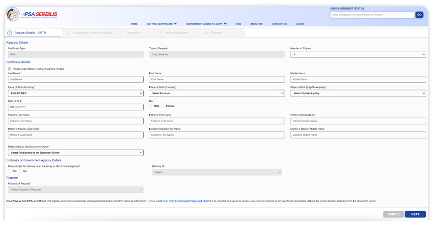 Step 3 – Fill Out the Request Form, PSA digital certificate